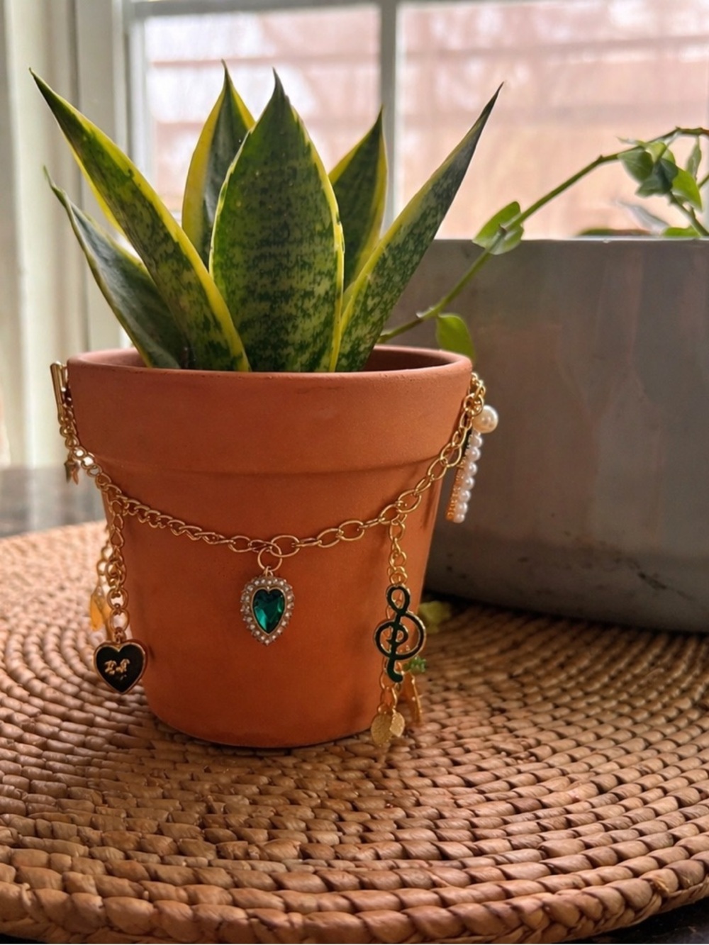 Gold Taurus Charm Flower Pot with White Pearl Hoop